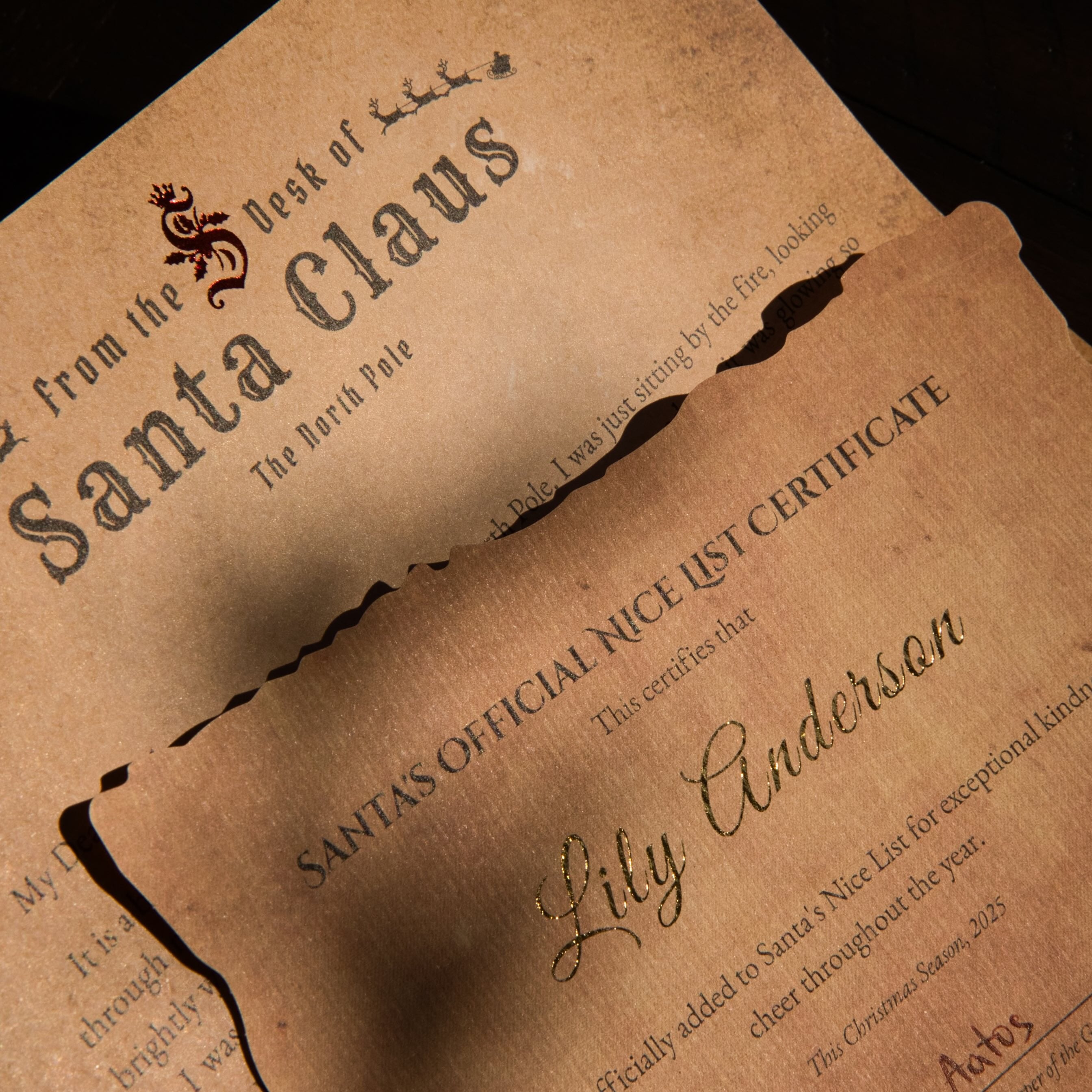 Brown paper Nice List Certificate from Santa Claus with personalized name