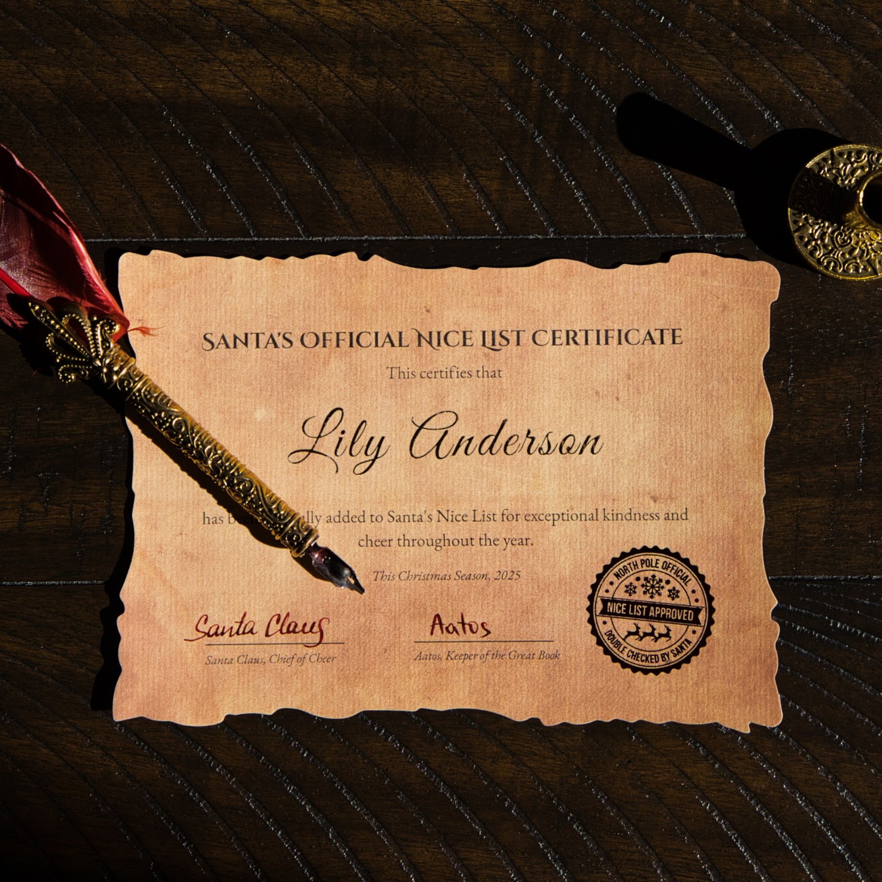 Santa's Official Nice List Certificate with a gold seal on a dark wooden background