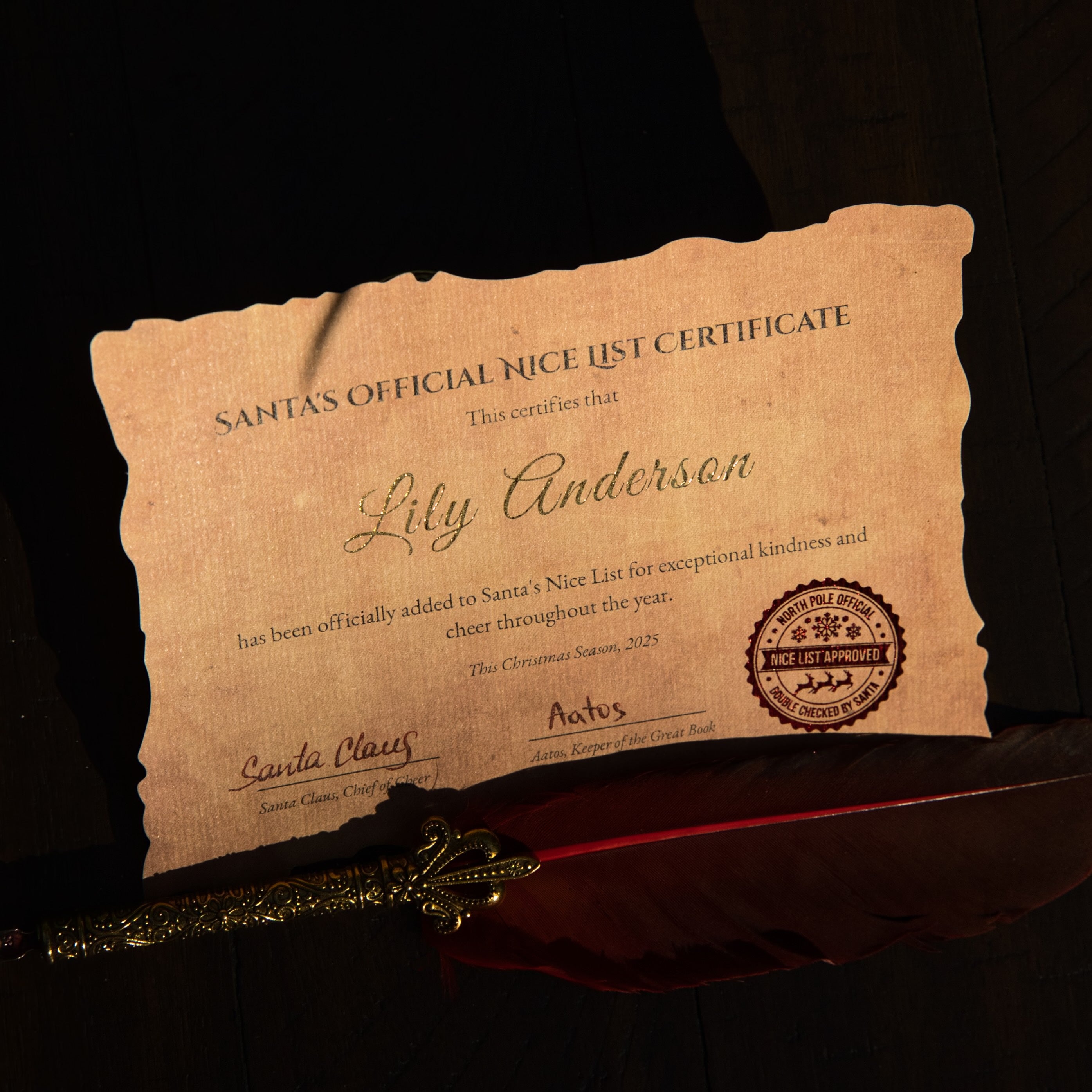 Santa's Official Nice List Certificate for Lily Anderson on a dark background