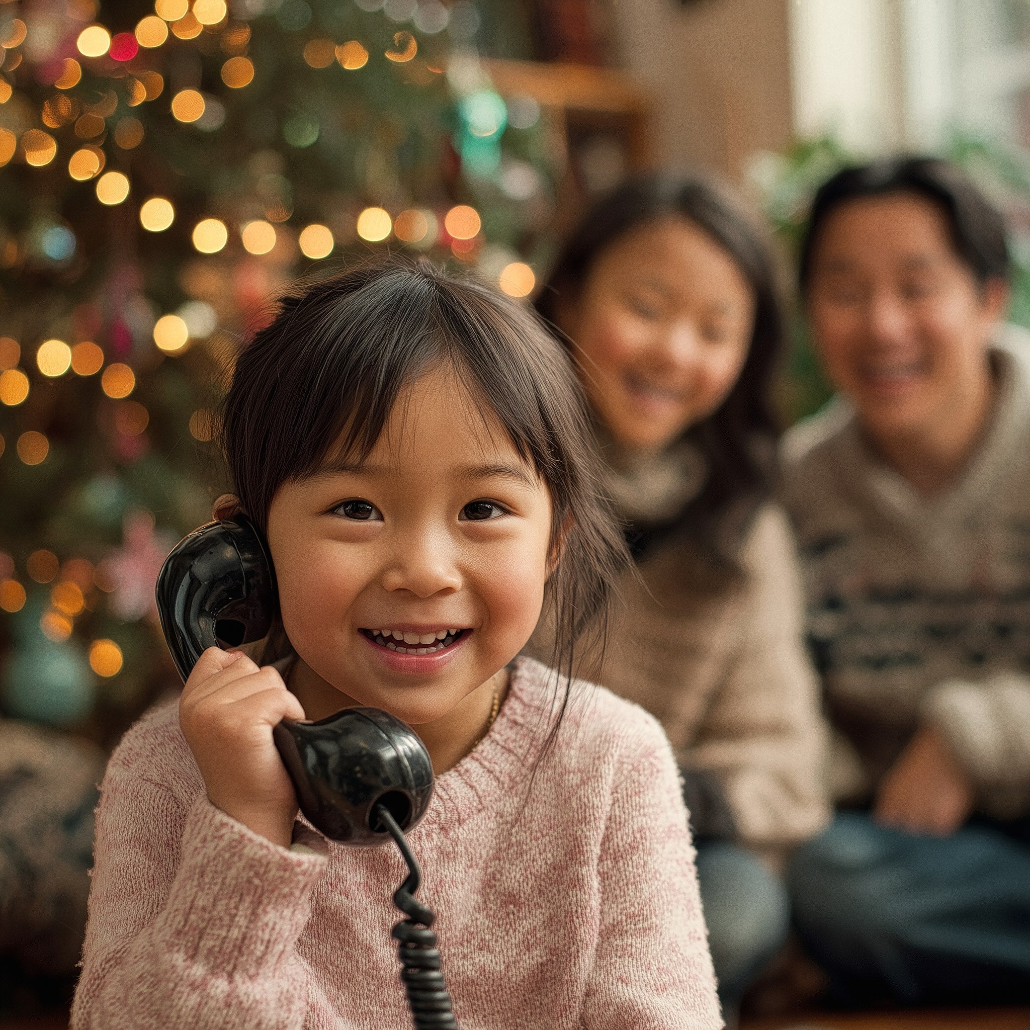 A joyful child talking with Santa Claus, with their family and a decorated Christmas tree in the background