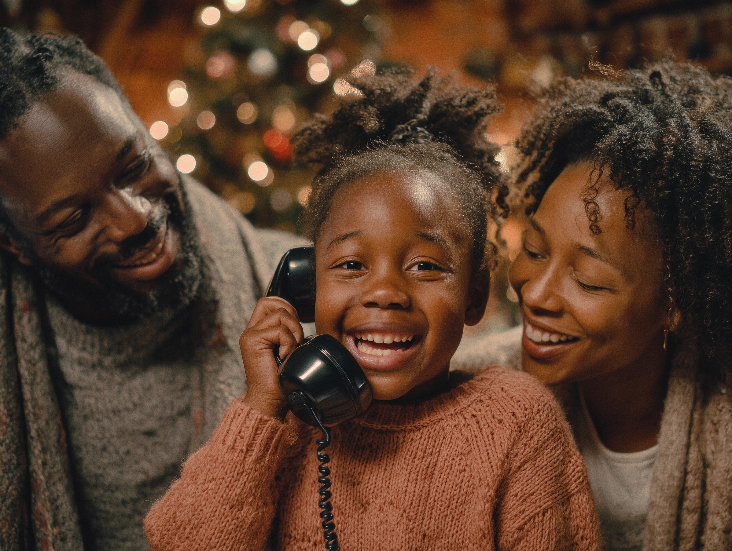 A joyful child talking with Santa Claus, with their family and a decorated Christmas tree in the background