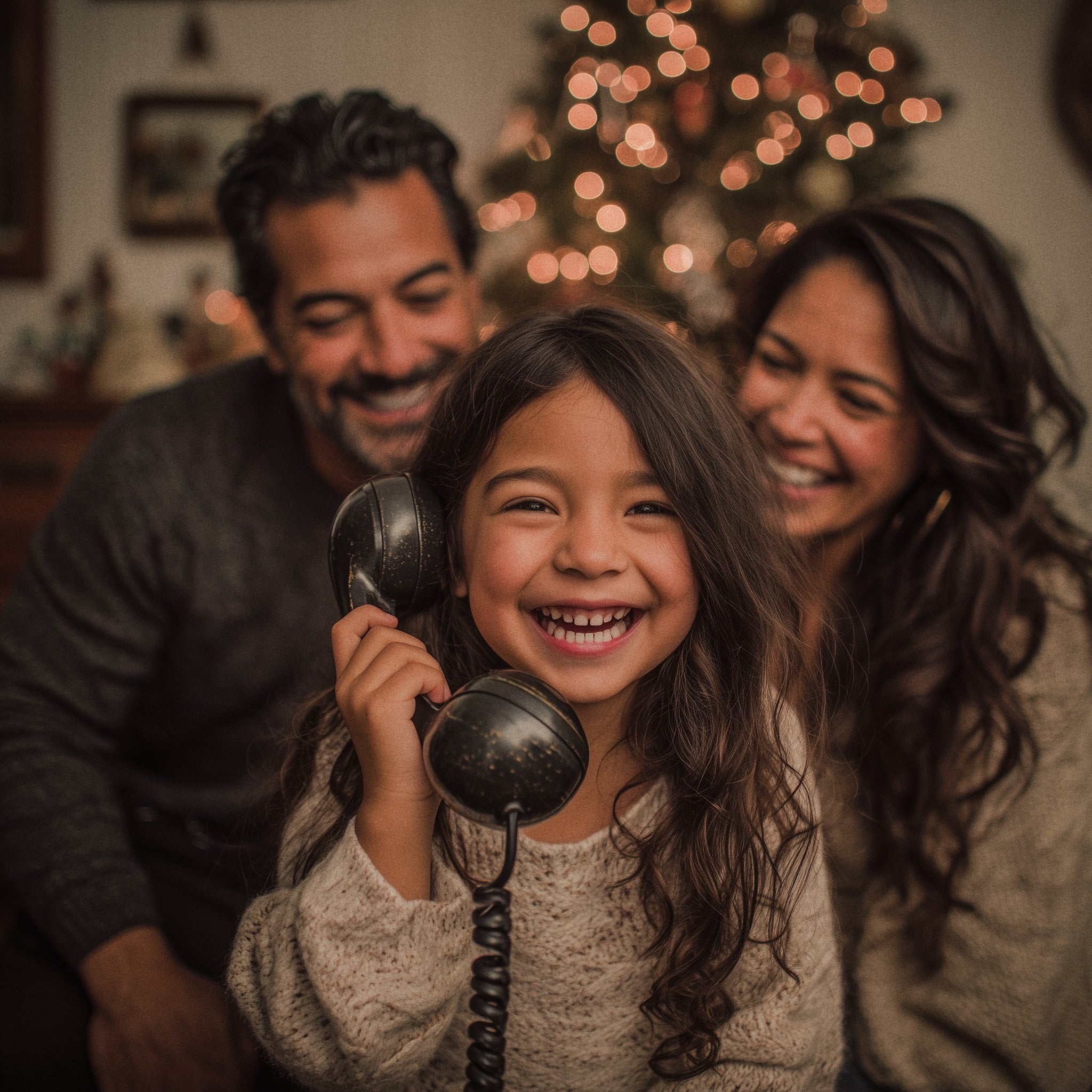 A joyful child talking with Santa Claus, with their family and a decorated Christmas tree in the background