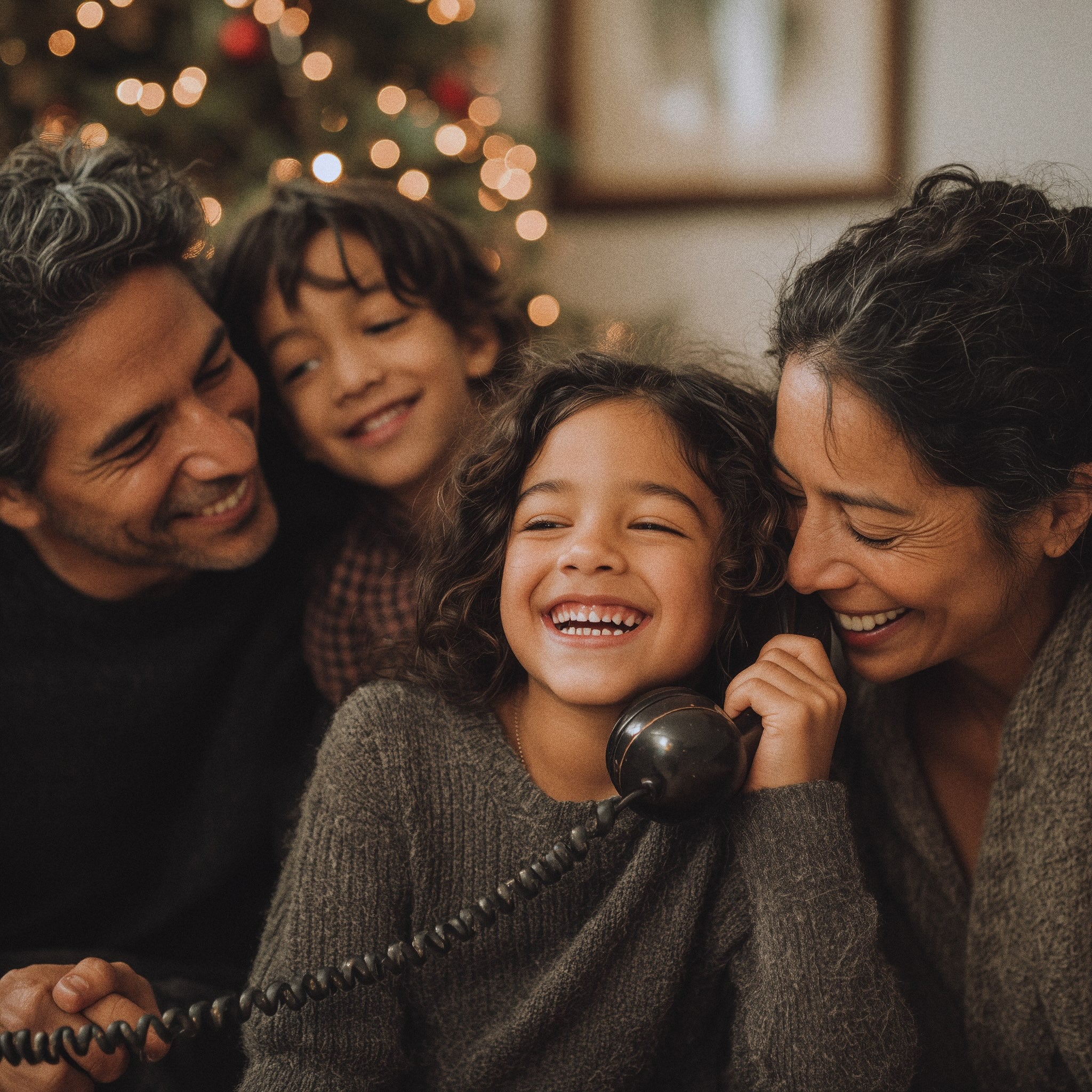 A joyful child talking with Santa Claus, with their family and a decorated Christmas tree in the background