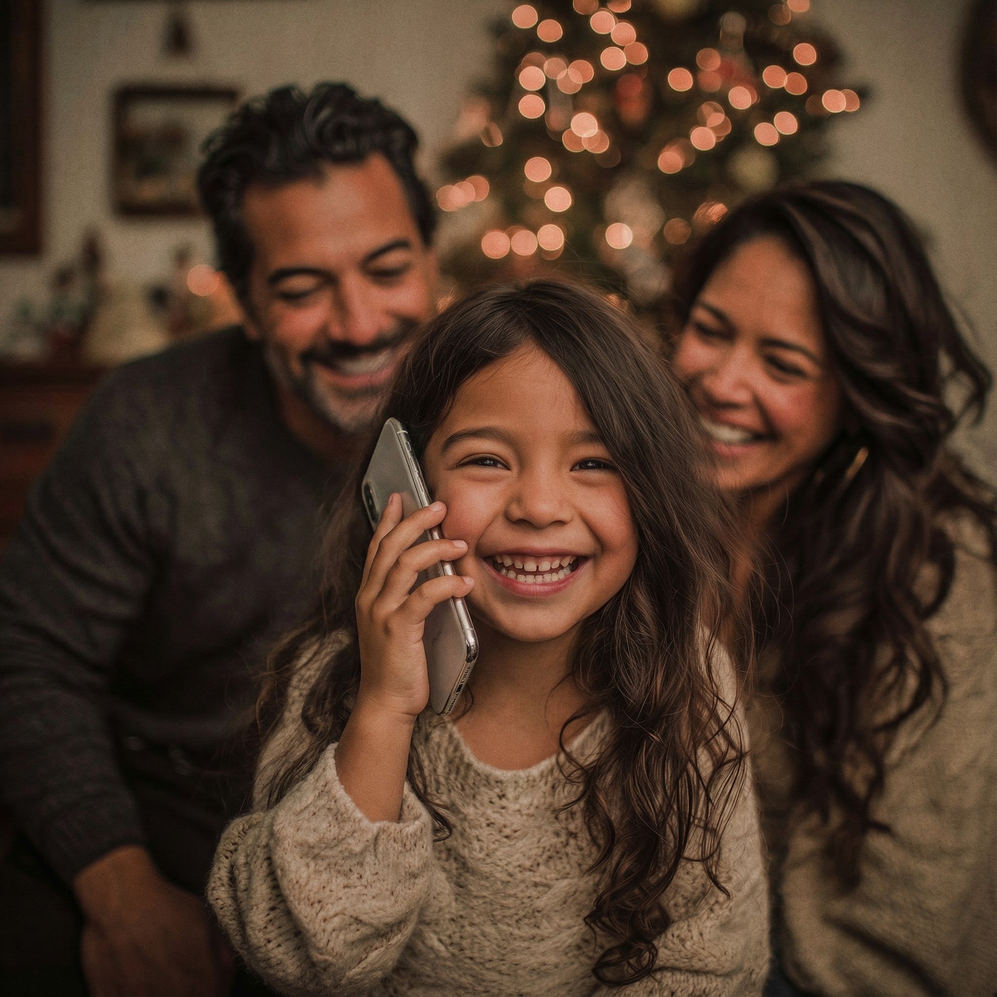 A joyful child talking with Santa Claus, with their family and a decorated Christmas tree in the background