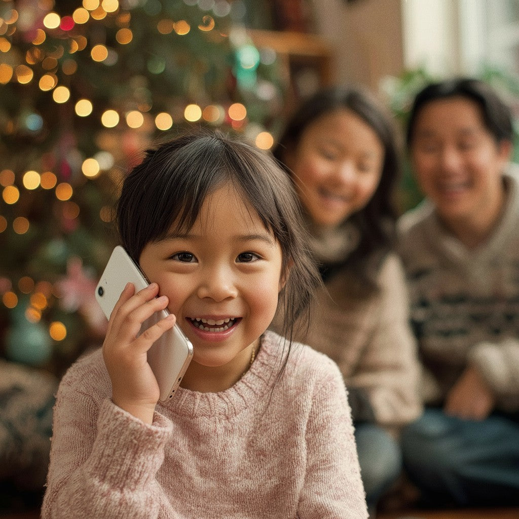 A joyful child talking with Santa Claus, with their family and a decorated Christmas tree in the background