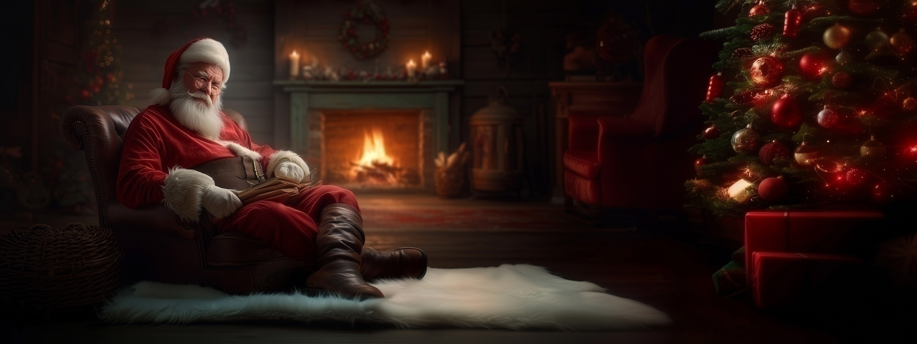 Santa Claus sitting in a cozy room with a fireplace and Christmas tree.