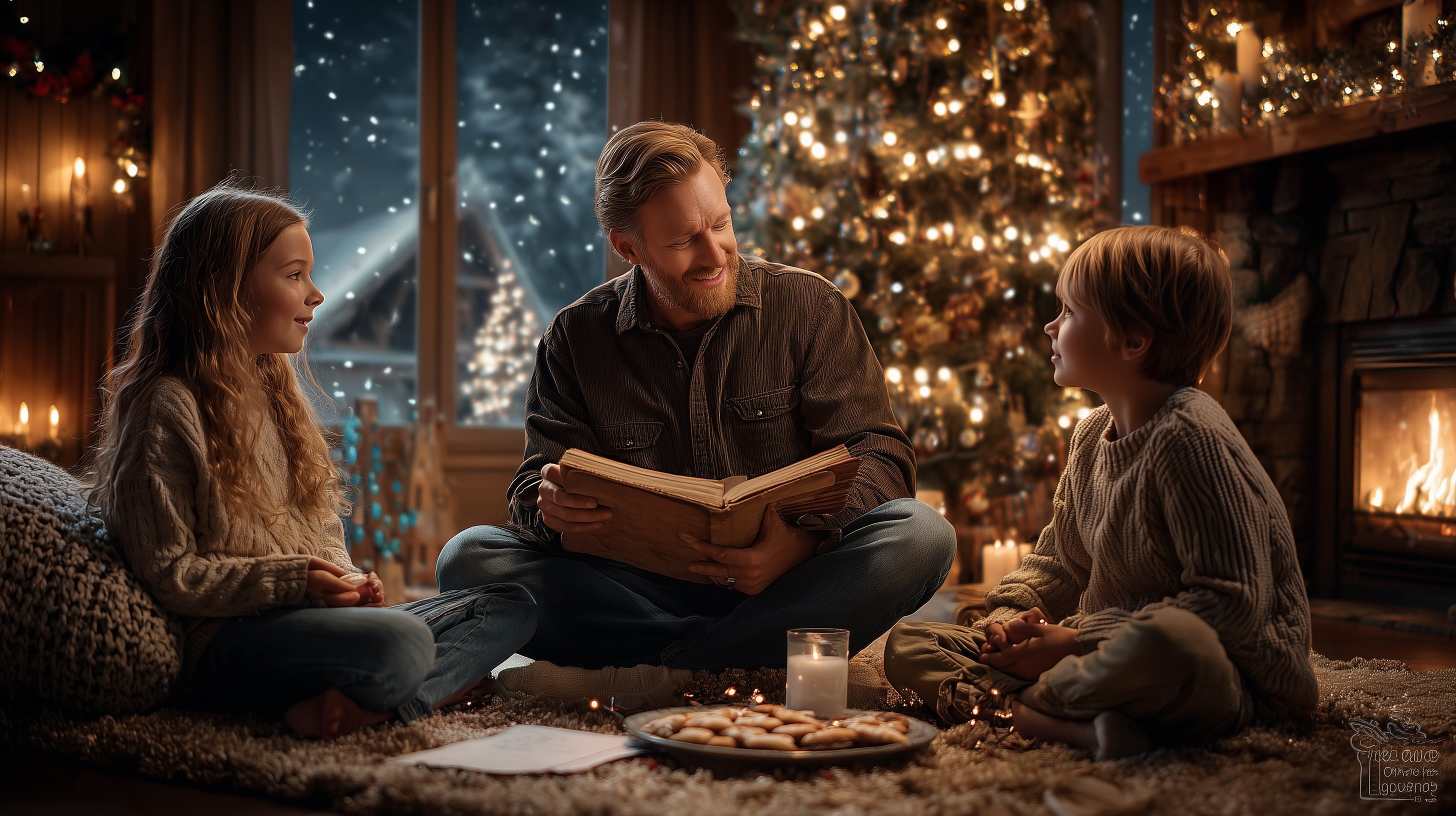 A father gently explains the 'Is Santa Claus real?' question to his young son and daughter in a warm living room, keeping the Christmas magic alive.