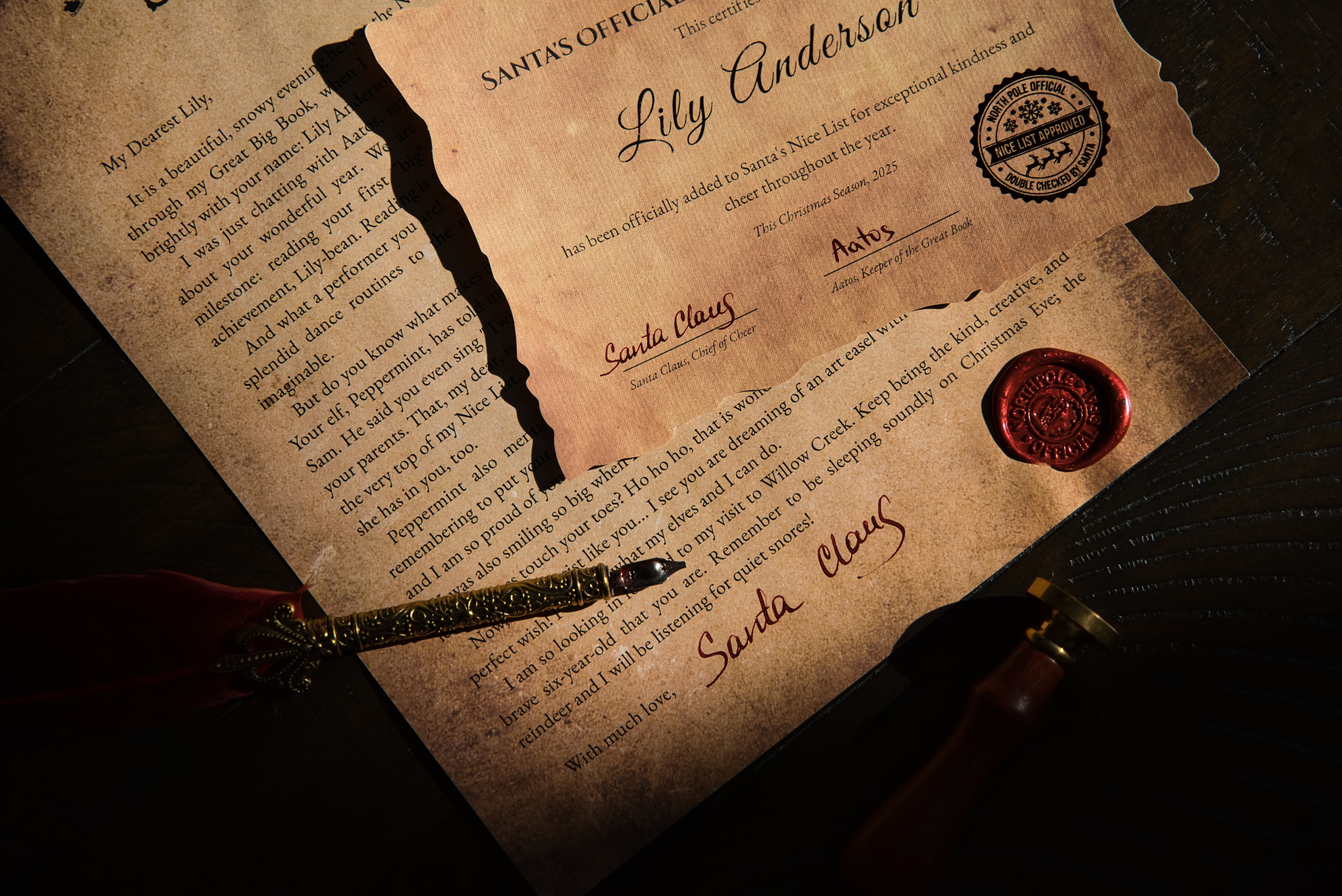 Vintage document with a wax seal and quill pen on a dark wooden background