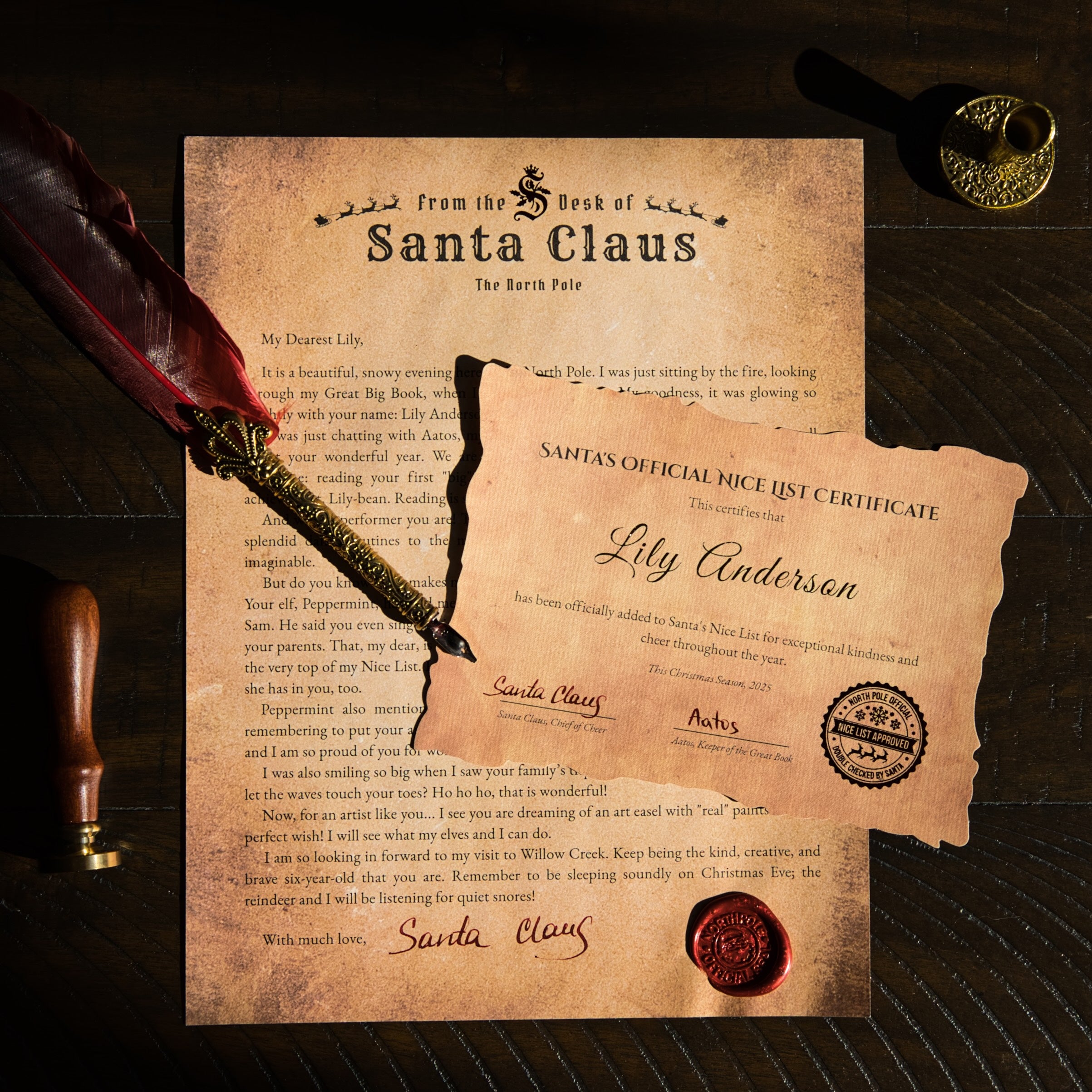Santa Claus letter and certificate on a wooden surface with a feather pen.