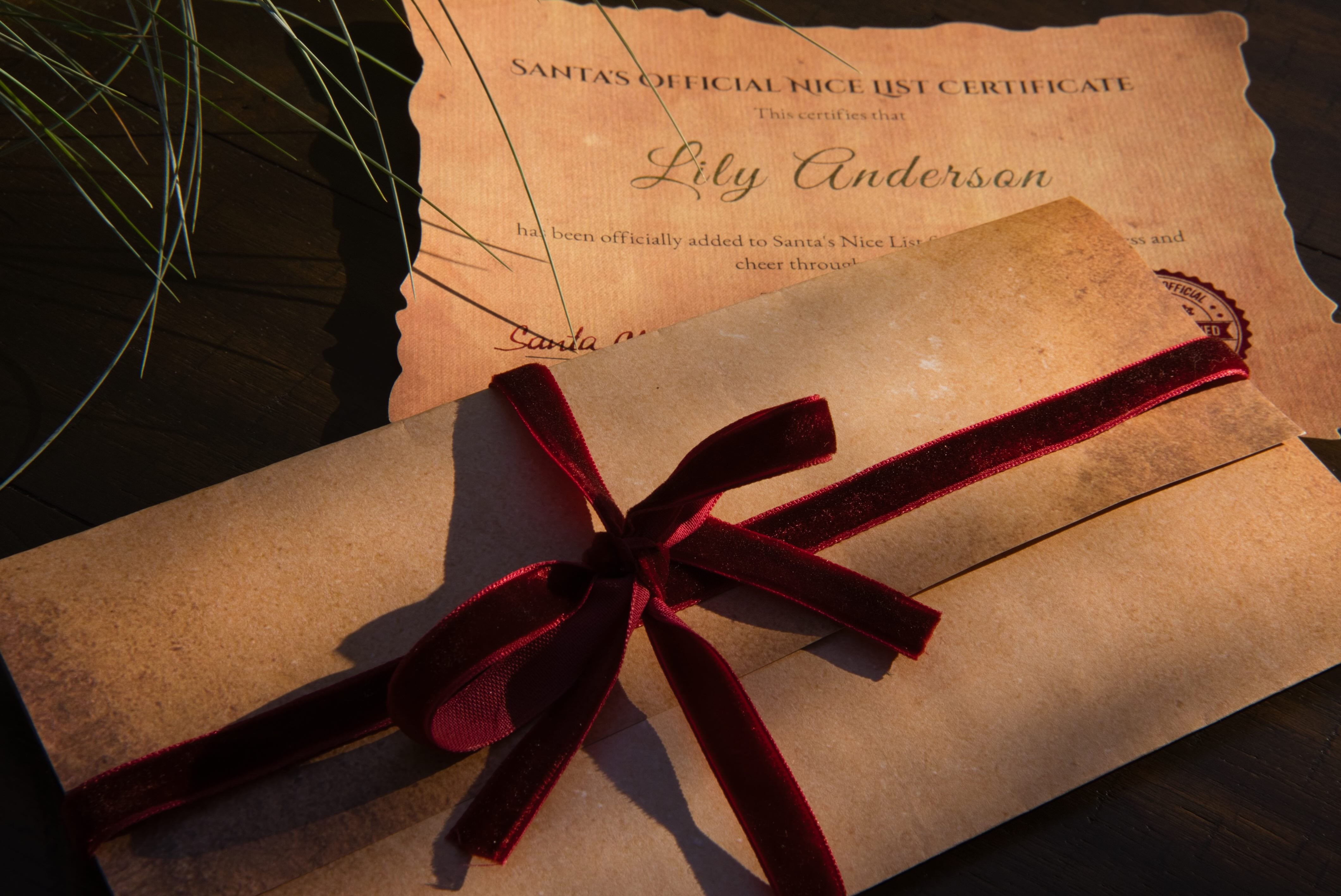 Gift wrapped in brown paper with a red ribbon, featuring a 'Santa's Official Nice List Certificate' for Lily Anderson.
