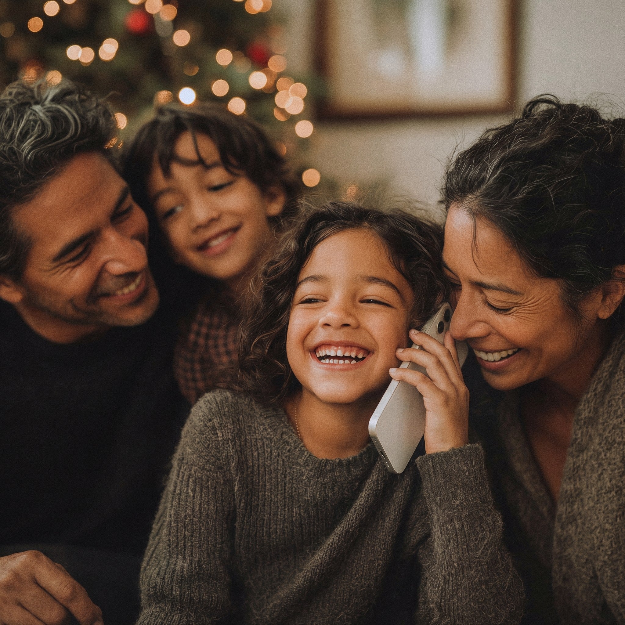 A joyful child talking with Santa Claus, with their family and a decorated Christmas tree in the background